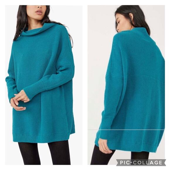 Free People Ottoman Slouchy Tunic Sweater Teal Blue Size Large - Picture 1 of 8